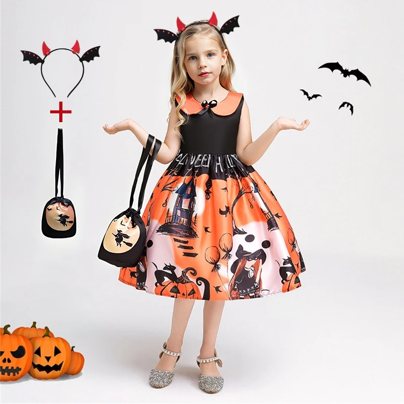 Girls Halloween Pumpkin Bat Printed Costumes for Girl Carnival Party Cosplay Ghost Dress with Bag Gothic Evening Prom Kids Dress