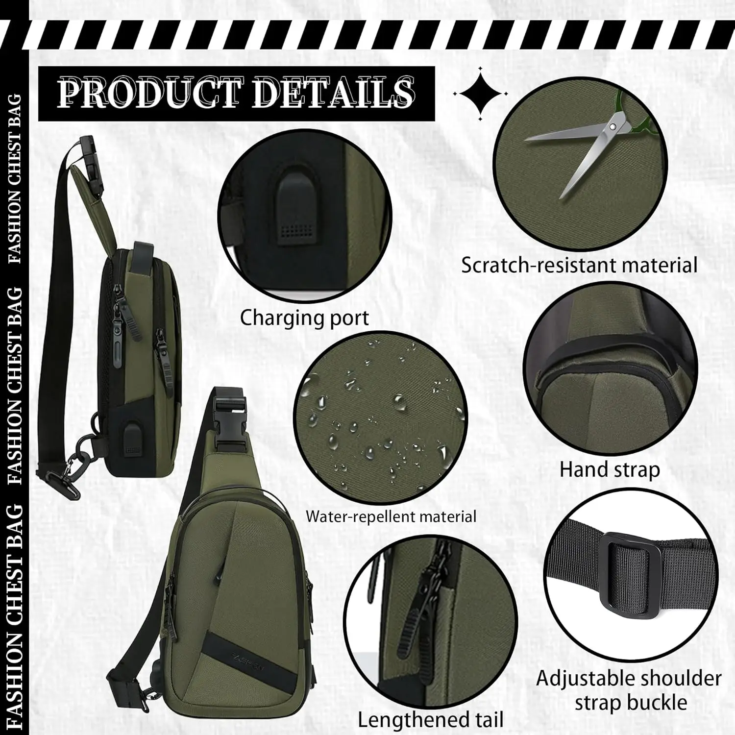 Man Casual Sling Chest Bag Shoulder USB Rechargeable Backpack Waterproof Outdoor Sport Hiking Riding Running Waist Bag Backpack