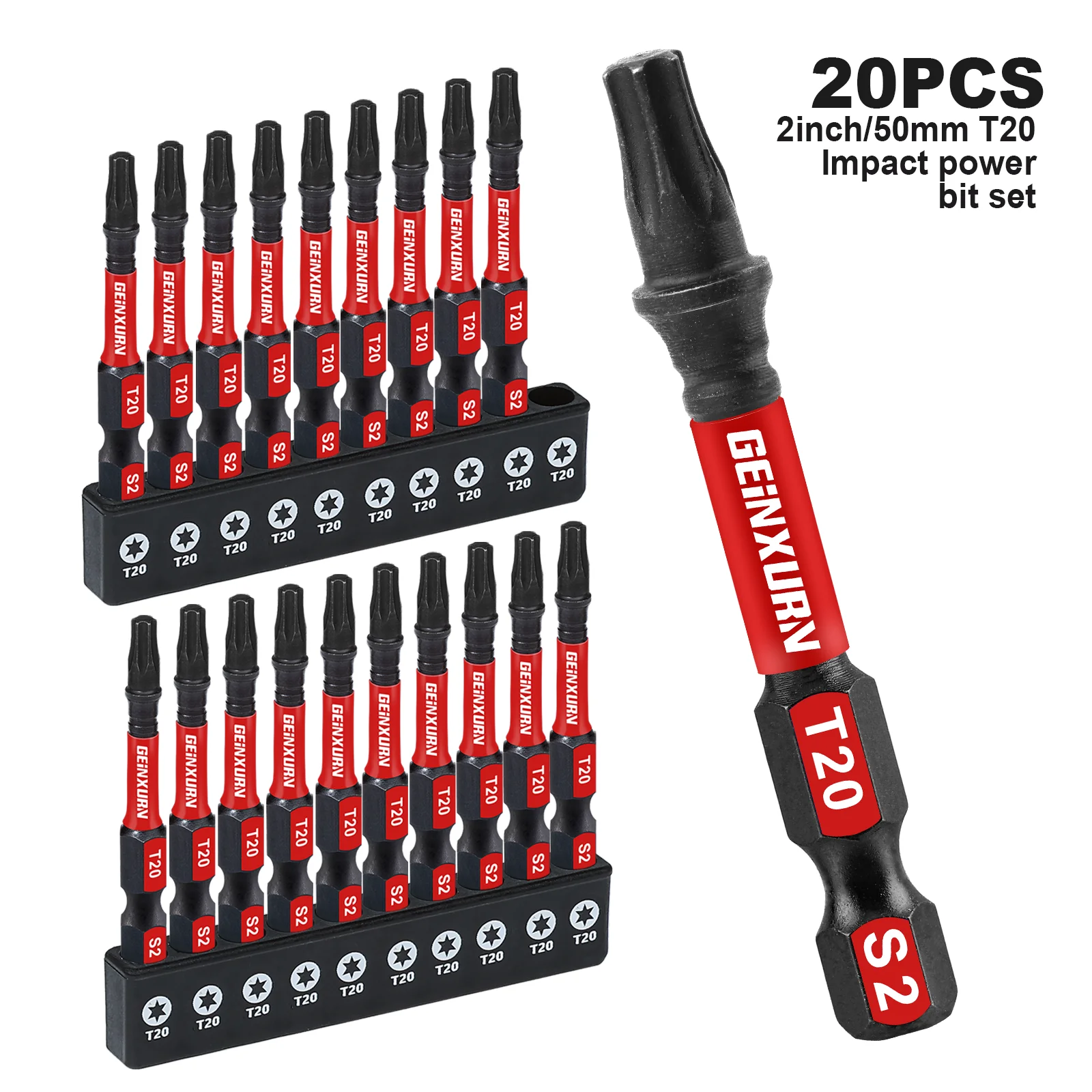 Geinxurn 2 inch impact magnetisch # 20-torx-schroevendraaierbitset, S2 gelegeerd staal T20 Power Bit-set met voet