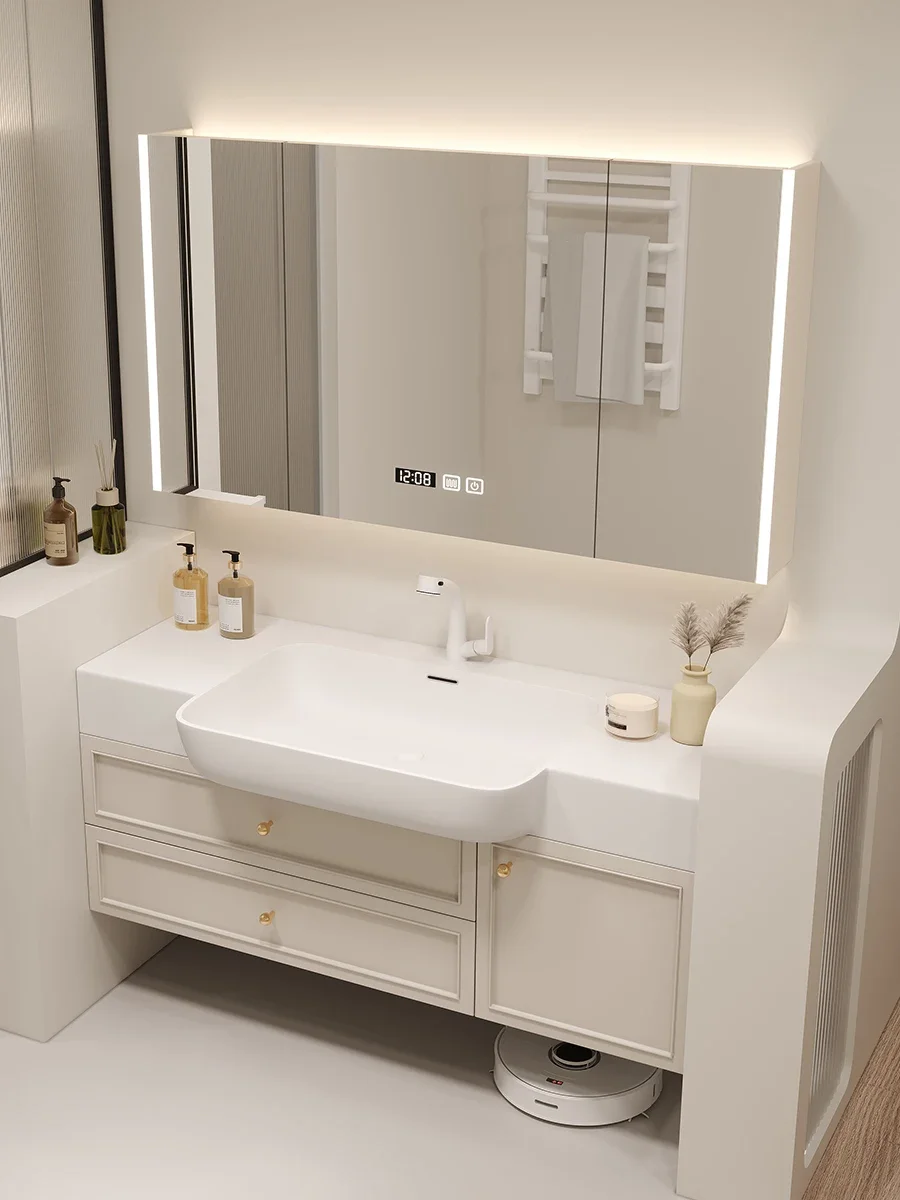 Corian integrated big belly basin bathroom cabinet combination very narrow small apartment face wash basin wash table