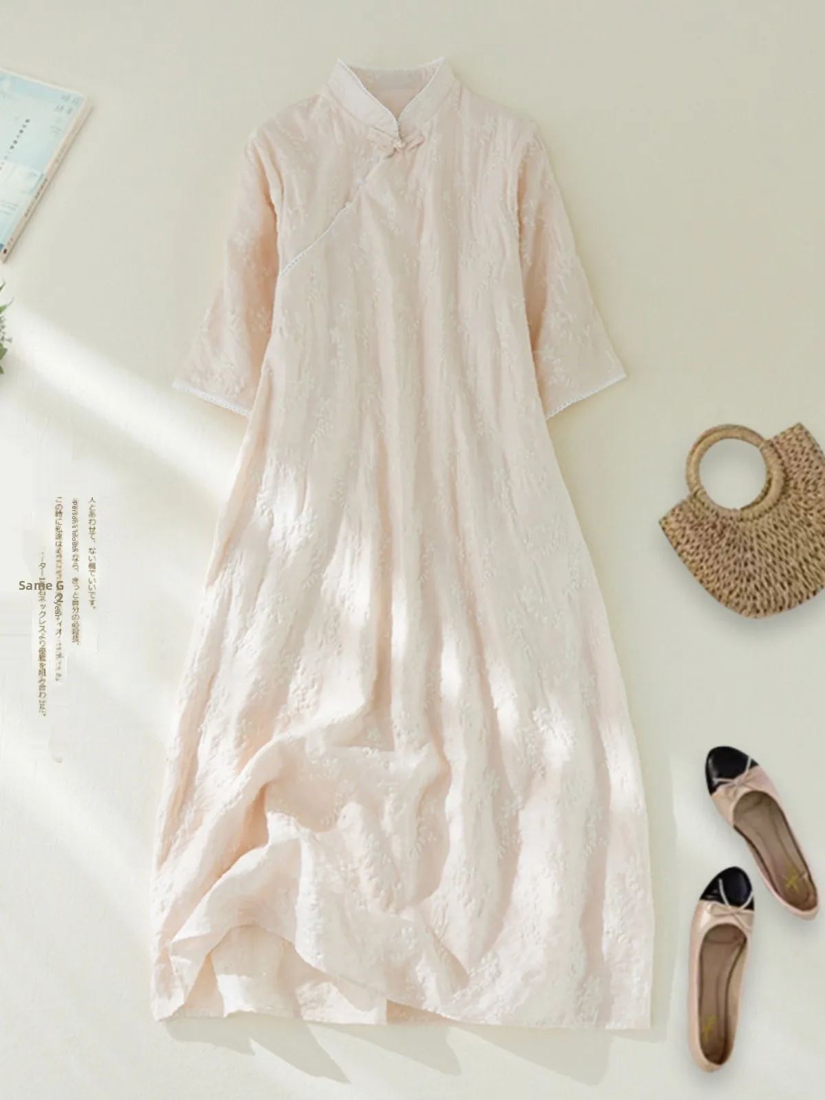 Retro bordado algodão lin qipao dr dupla camada algodão lin tecido botão lateral saia linha a longo sve verão dr