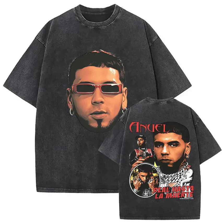 

Washed Vintage Rapper Anuel AA Face Graphic T-shirt Real Hasta La Muerte Tour 2025 T Shirts Men Women Hip Hop Oversized T-shirts