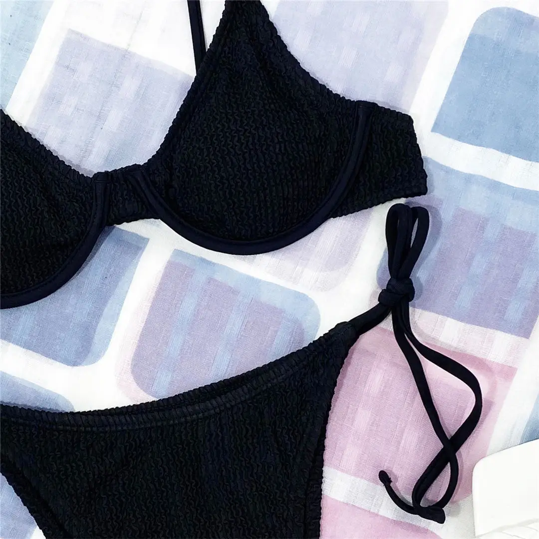 Gefalteter, geraffter, mit Bügel versehener BH, Bikini, Damen-Badeanzug, zweiteiliger Bikini-Set, Badebekleidung, Badeanzug, Schwimmbekleidung V3097 – Detail 25