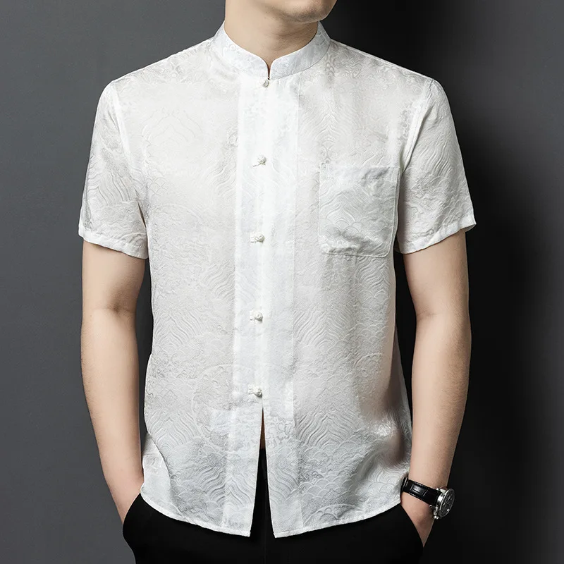 High Quality Real Silk Men's Suit Short Sleeve Shirt Middle-Aged Loose Casual Jacquard Chinese Style Dad Men