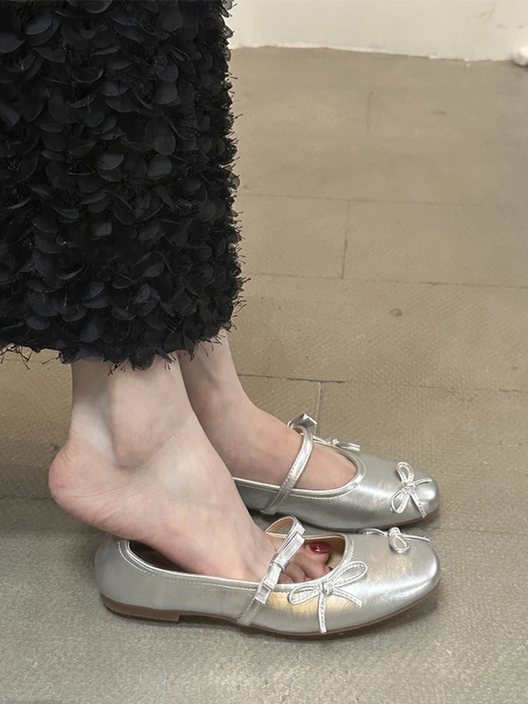 silver-leather-version-flat-bottom-ballet-style-mary-jane-shoes-women's-slip-on-shoes-cute-knot-casual-fashion-foot