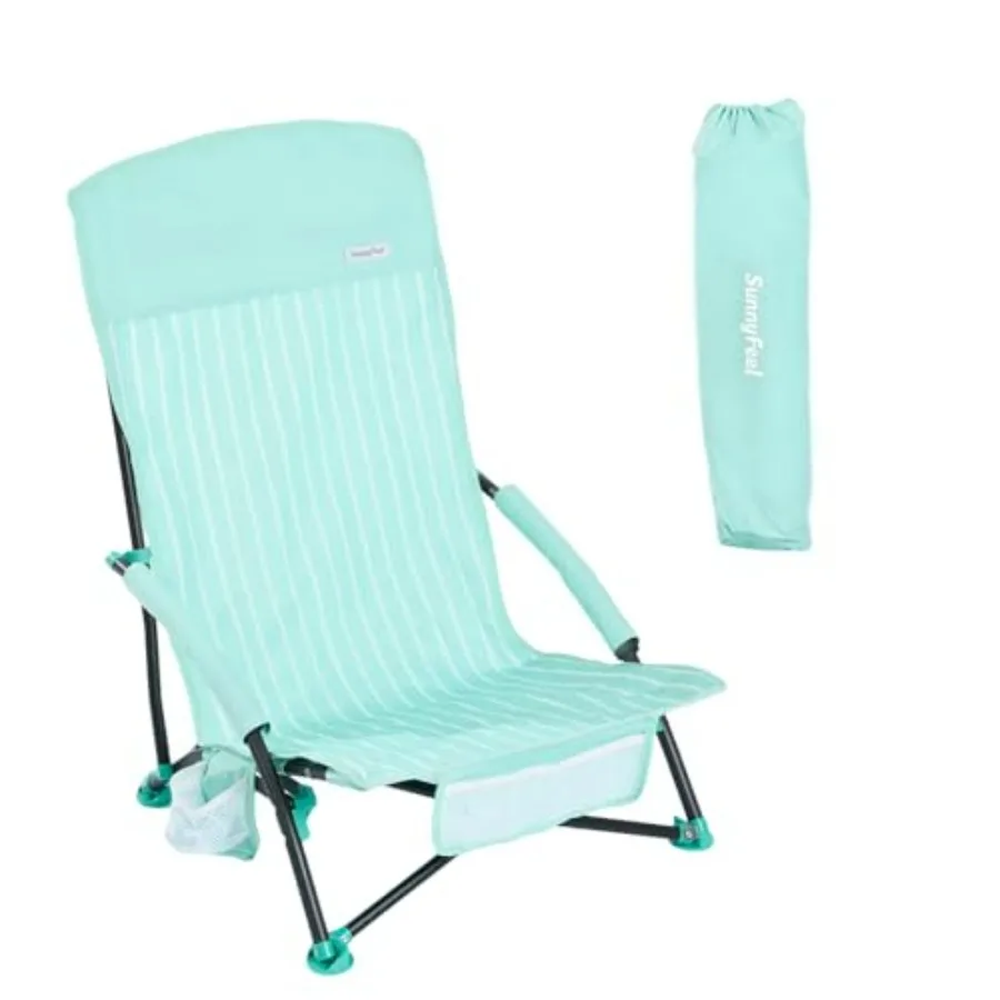 

Portable low beach chair for outdoor use, lightweight aluminum frame, navy blue, high back support with cup holder and sand-fri