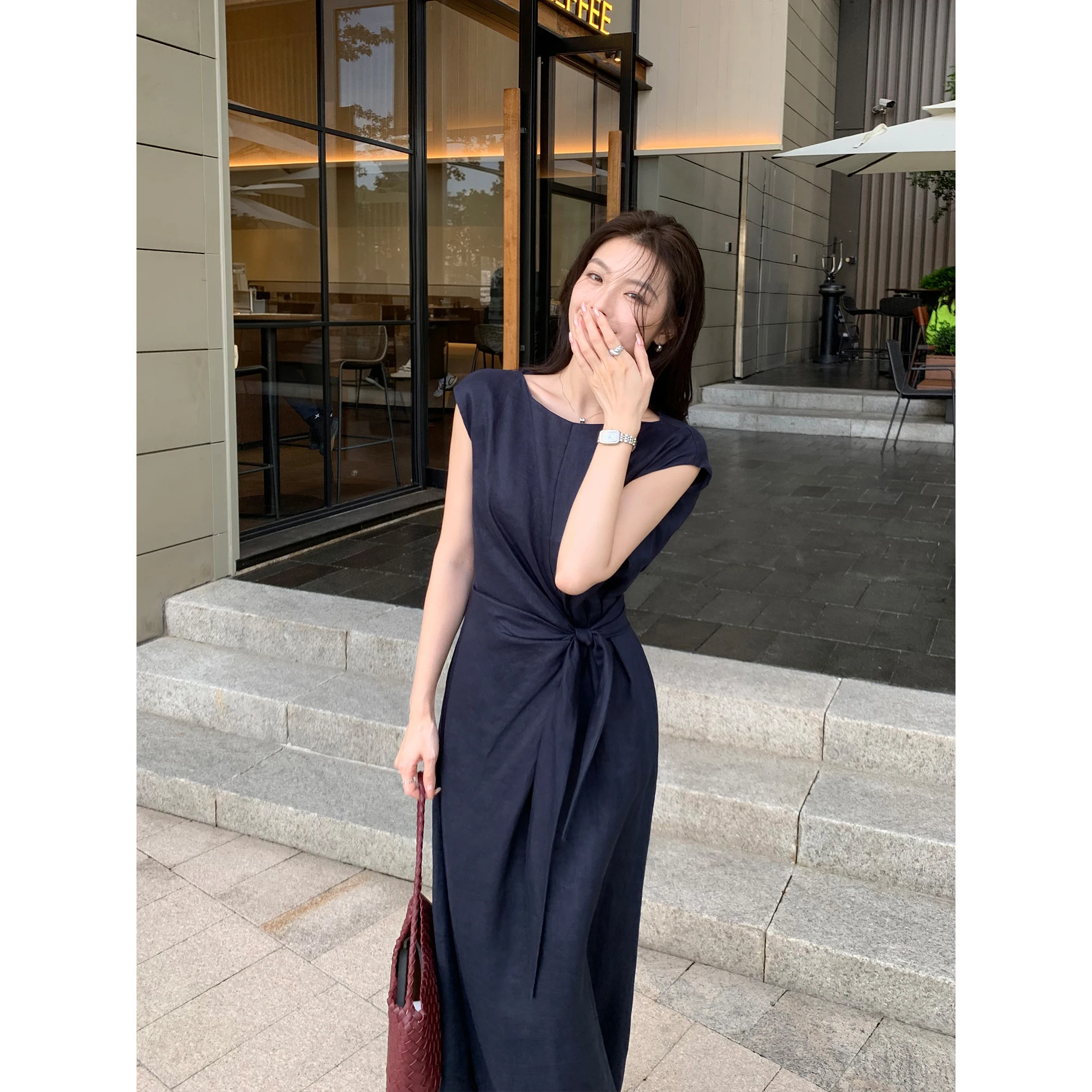 Elegant Linen Dress Women's Commute Belted Waist Small Flying Sleeve Long Dress Casual Style Summer Season Ladies Fashion