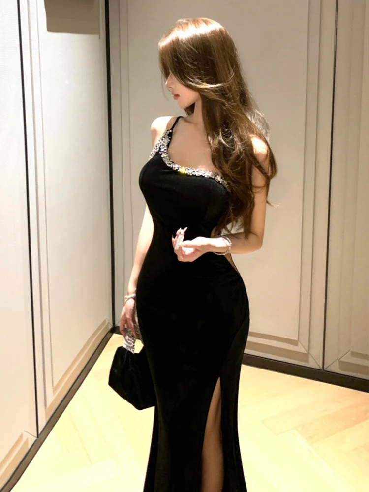 Frauen Kleidung Schwarz Samt Sexy Off-Schulter Dünne Abendkleid Elegante Luxus Dame Party Club Prom Vestido Weihnachten Robe neue