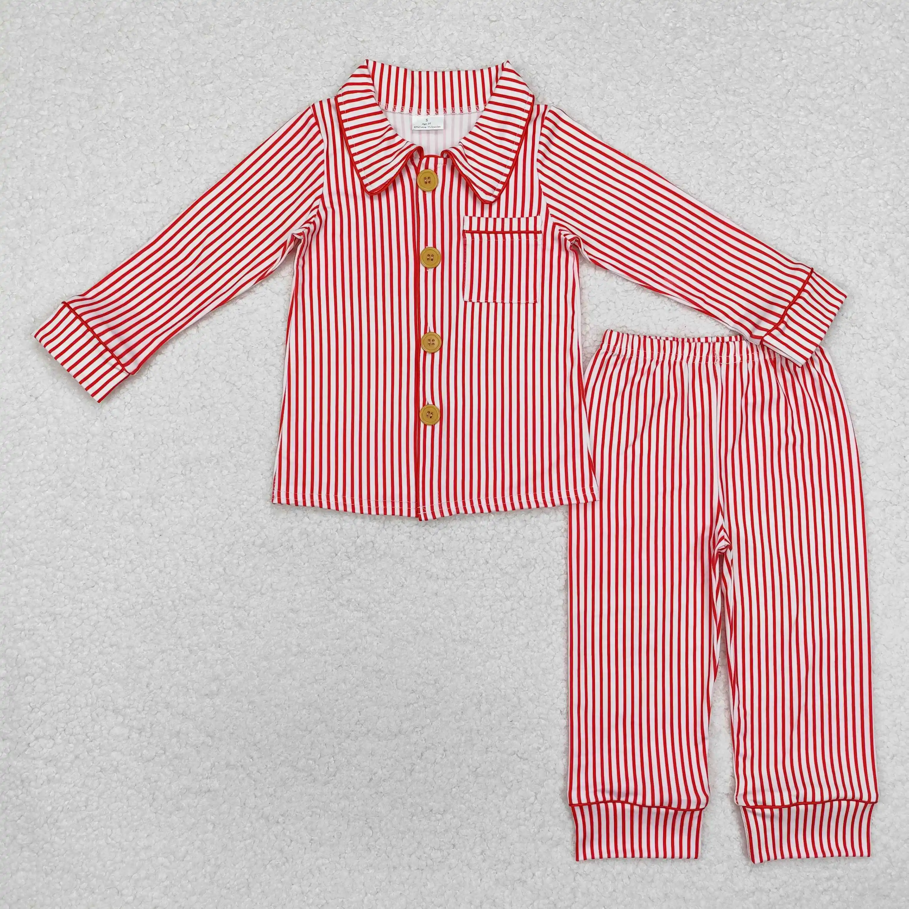 

new rts baby christmas boys wholesale boutique hot sale red striped buttons kids boys pajamas set