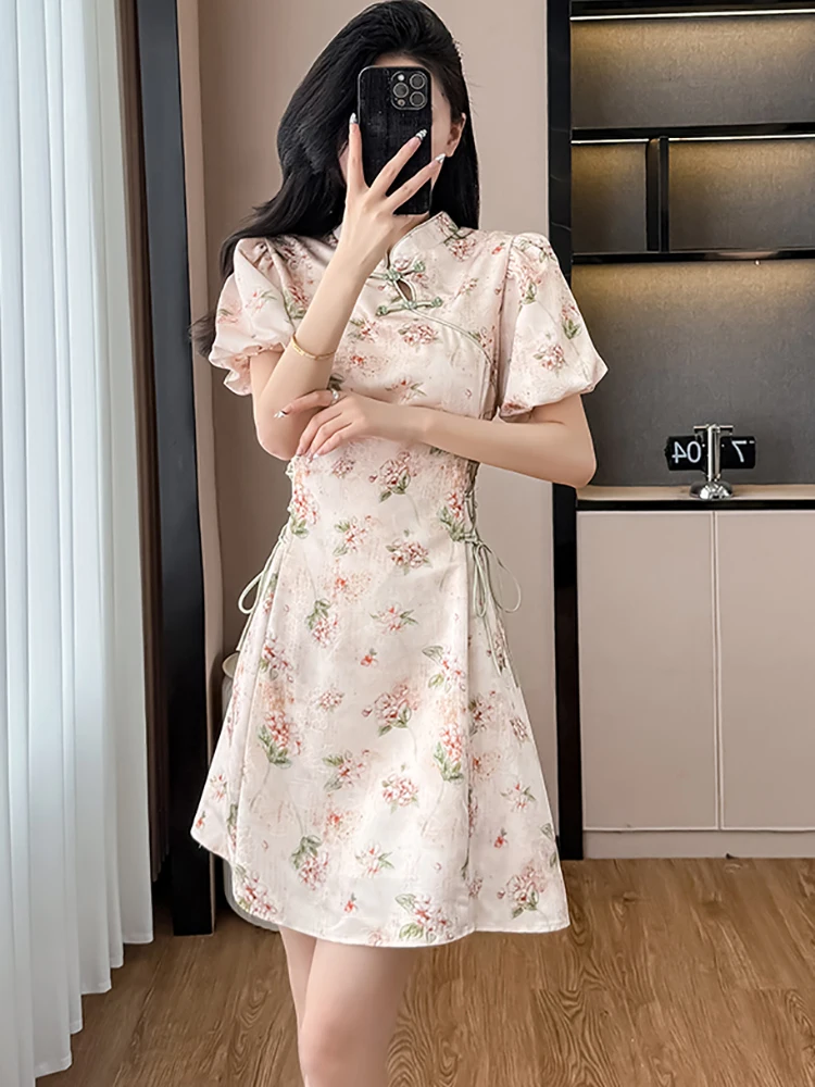 Robe Cheongsam d'été à col montant pour femmes, manches bouffantes, moulante, à bandes, mode coréenne, élégante, Festival, 2025