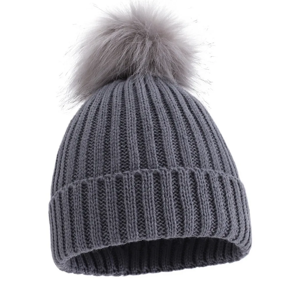 Solid Color Ribbed Knit Beanie Ribbed Knit Single Pom Pom Winter Beanie Hat Windproof Faux Fur Faux Fur Pom Beanie Winter Season