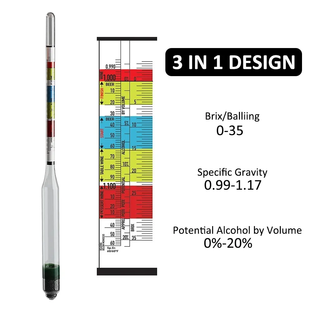 Homebrew Alcohol Tester Beer Wine Hydrometer Brewing Tapper Triple Scale Hydrometer for Home Brew Wine Beer Alcohol Testing