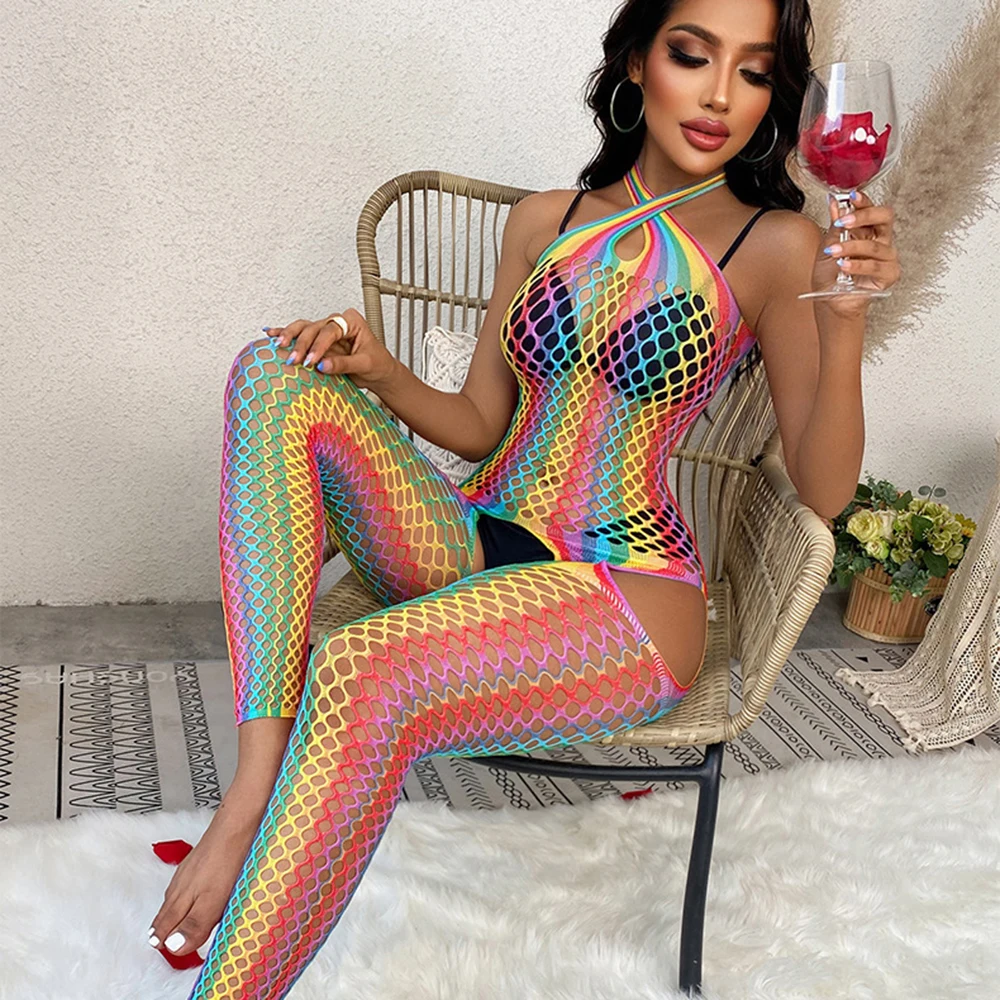 Bas de corps en résille arc-en-ciel, Lingerie érotique, entrejambe ouvert, sous-vêtements à bretelles pour femmes, nuisette en maille, attrayant serré