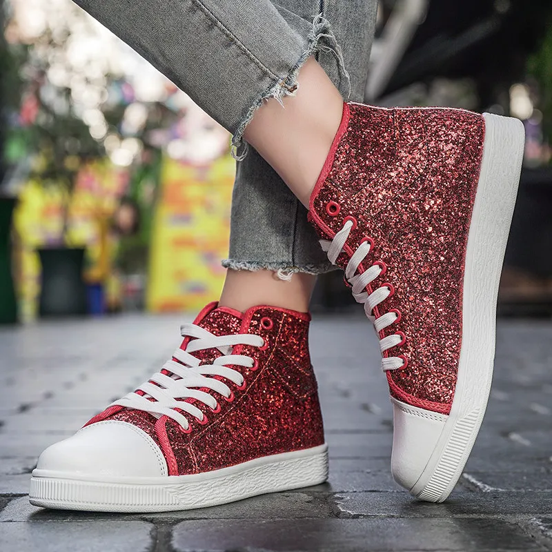 Luxury Red Designer Shoes Women High top Sneakers Lightweight Women\'s Vulcanized Shoes Fashion Glitter Sneakers Woman Size 41