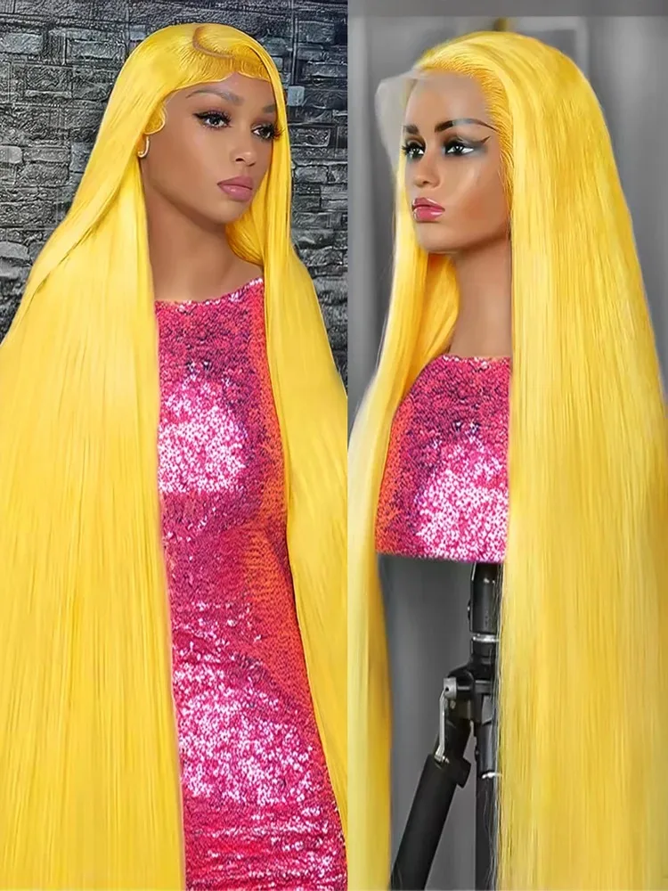 

Желтый парик с прямой стрижкой, синтетический и комбинированный парик с кружевной вставкой, термостойкий, для повседневной носки, косплей, без клея, для женщин