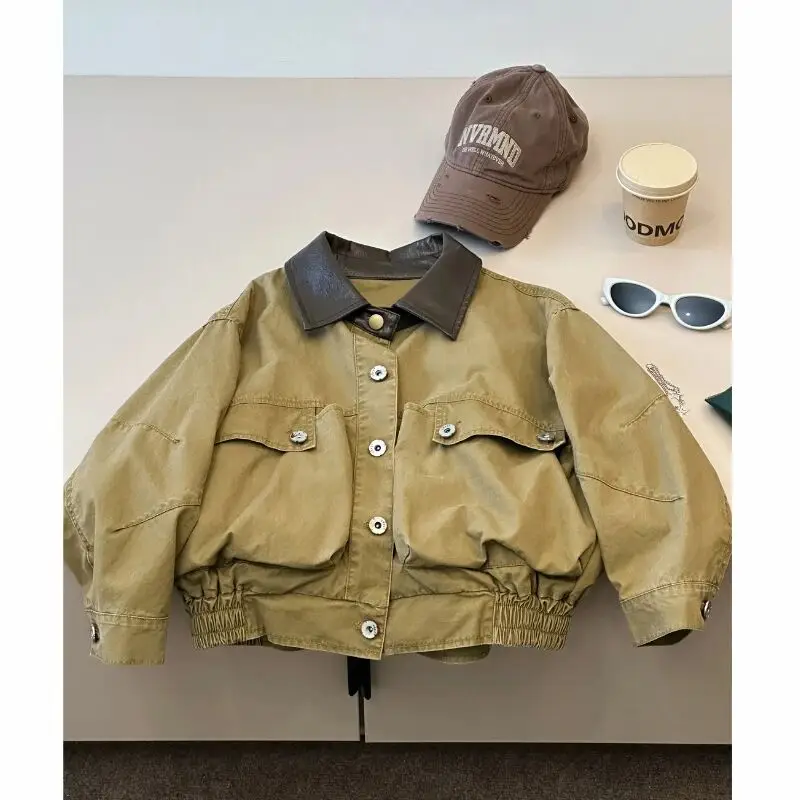 

90-150cm Boys' Jacket Spring and Autumn Children's Loose Collar Western Style Jacket Retro distressed Big Pocket Coat