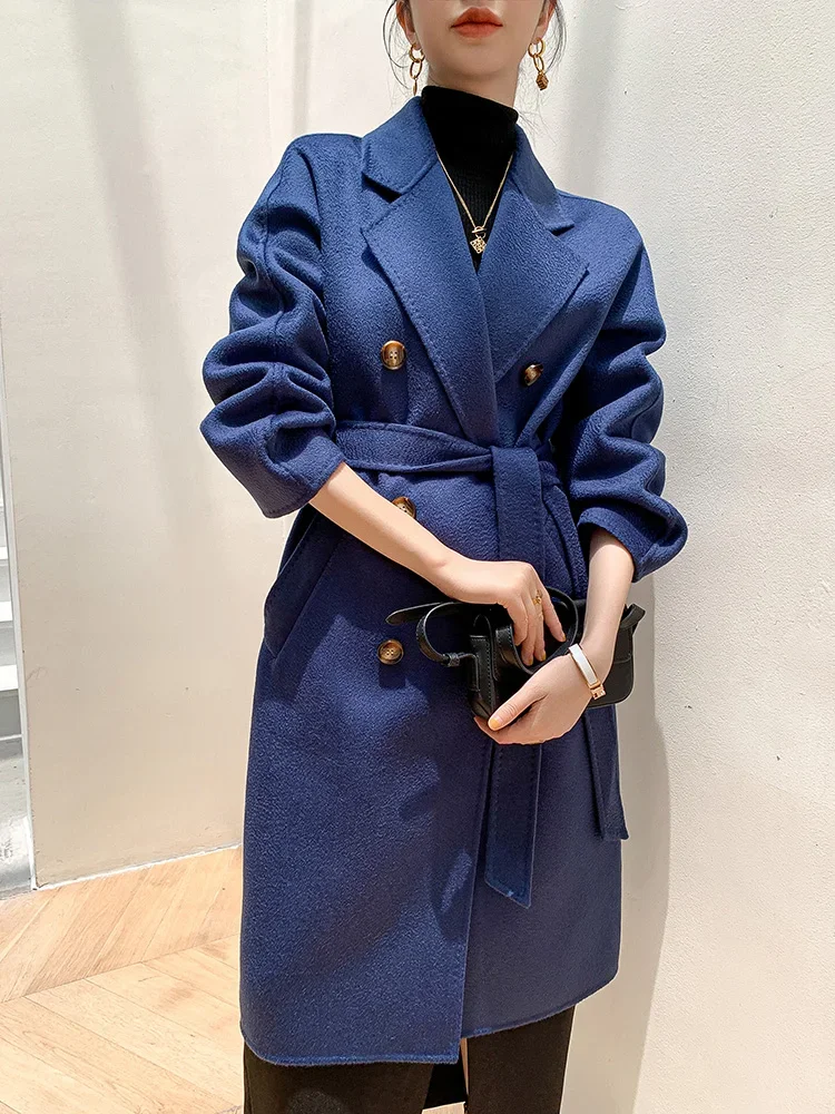 

2023 Autumn And Winter New Water Ripple Women's 100% Pure Wool Woolen Coat Fashion Klein Blue Trendy Women's Coat