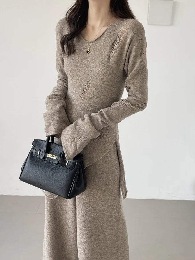 Autumn Faion Maglione di media lunghezza da donna + Pantaloni a gamba larga Set di due pezzi Design con foro chic Abbigliamento casual Vestibilità comoda Taglia per adulti