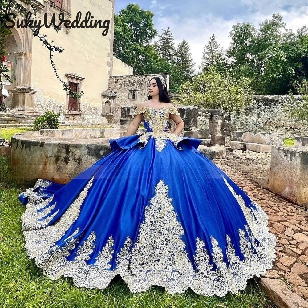

Blue Quinceanera Dresses Corset Gold Lace Appliques Mexican Sweet 16 Pageant Prom Ball Gowns vestidos de 15 años quinceañeras