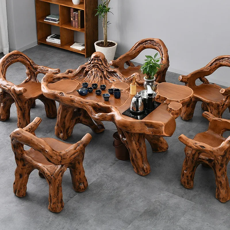 Imitation Wood Root Carved Tea Table and Chair Combination Tea Set, Integrated Balcony Tea Table