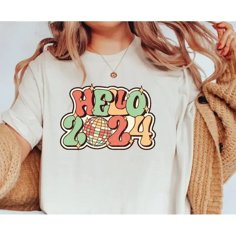 Hello 2024 T Shirt Merry Christmas New Year Party SweaT Welcome with Retro Disco Ball Holiday