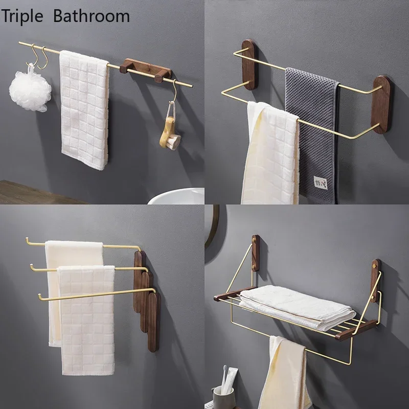 

Bathroom accessories Towel rack Non perforated bathroom wall mounted shelves Black Walnut Wood Bath towel holder towel bar