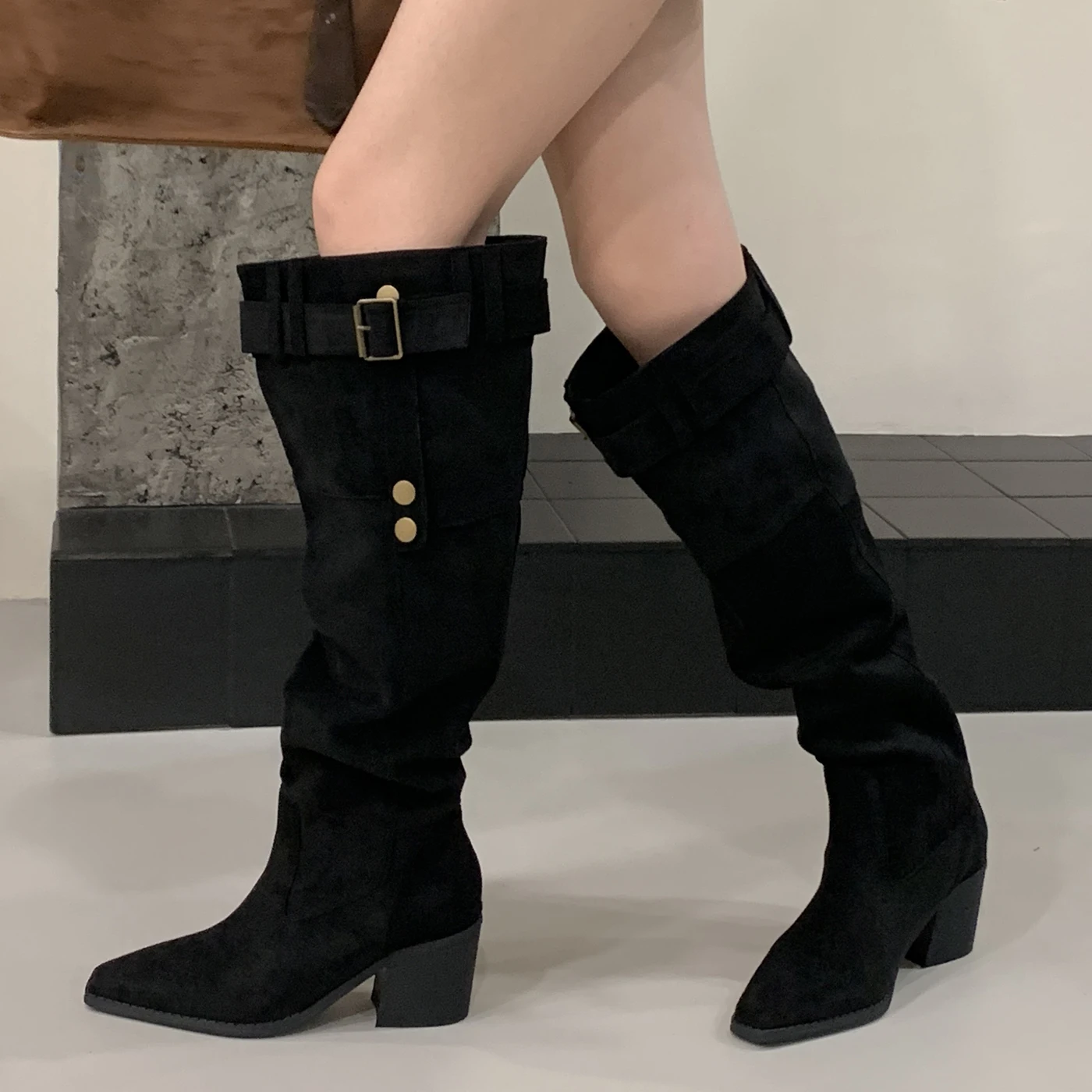 

Eilyken Autumn Winter Women Knee-High Boots Fashion Pointed Toe Shoes Designer Belt Buckle Square Heels Long Booties
