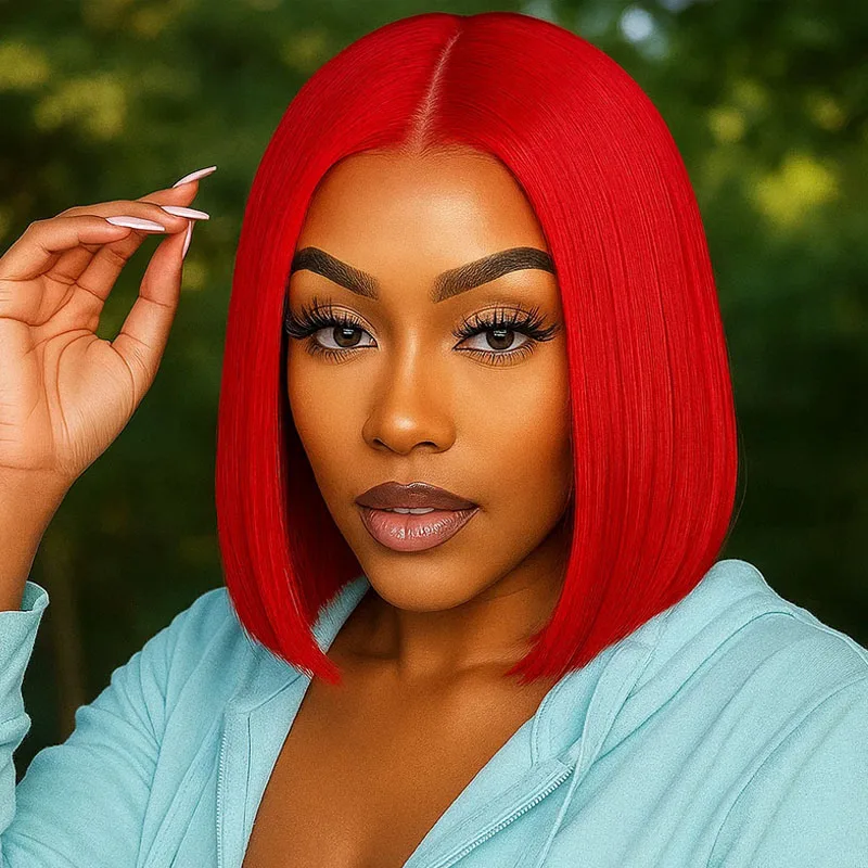 

Fluffy 12 inch red synthetic wig with split straight hair suitable for women's daily use, role-playing celebration