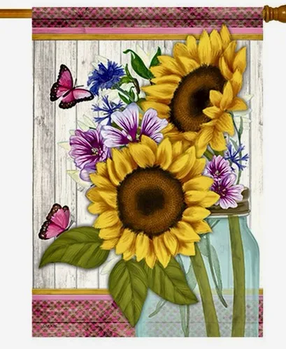 SUNFLOWER BUTTERFLY FLOWER GARDEN MASON JAR SPRING SUMMER FALL LARGE YARD FLAG N UUI GGX