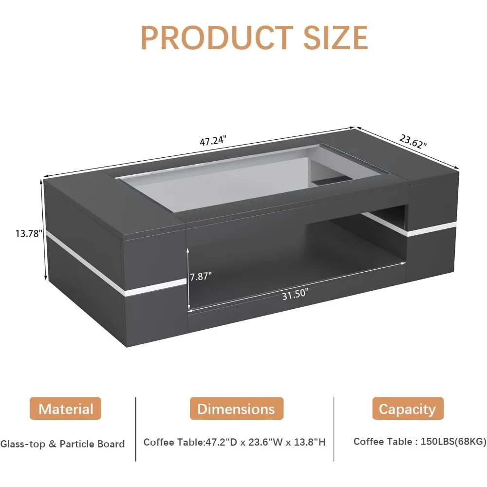47.2" Modern Stylish Coffee Table with Glass Table Top, Large Living Room Table Rectangular 2-Tier Center Tables with Storage