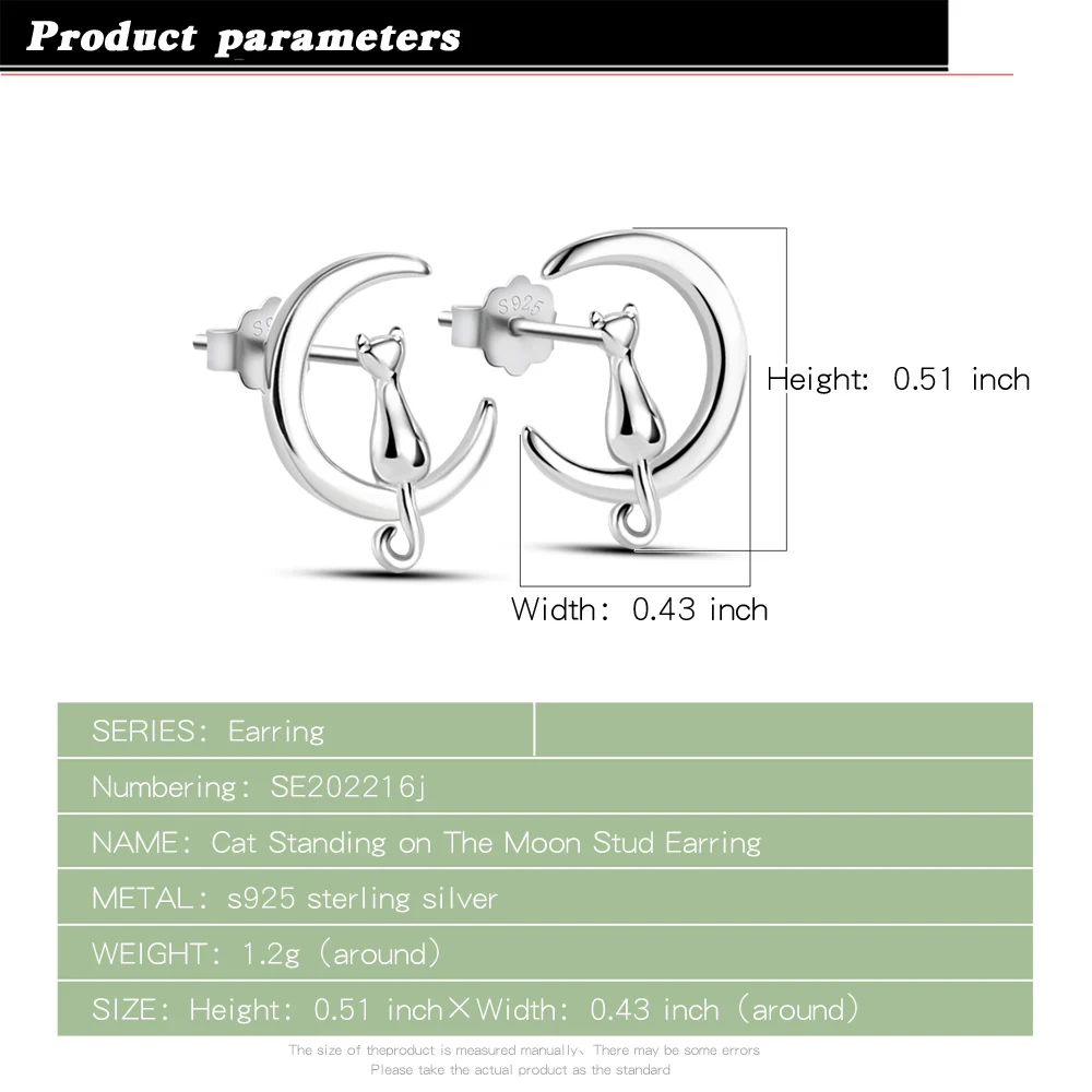 Romantic 925 Silver Needles Silver Simple Small Moon Cat Stud Earrings for Women Hypoallergenic Daily Wear Ear Girls Travel Gift