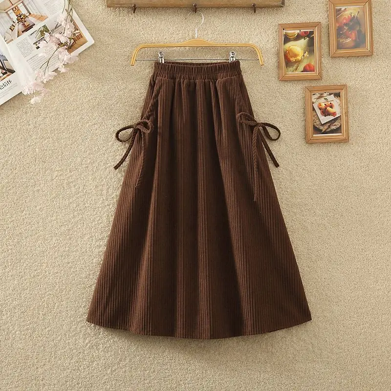 2025 New Plus Size Shot Corduroy High Waist Women's Half Skirt Autumn Bow Cover Crotch A Word Pleated Umbrella Skirt A381