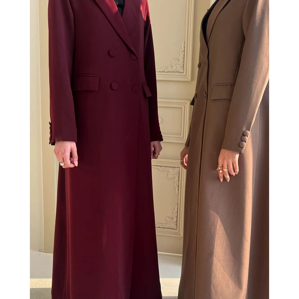 Elegant Women's Blazer Red and Khaki Double Breasted Peak Lapel Long Jacket 1 Piece Fromal Muslim Outerwears Female Clothing