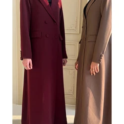 Elegant Women's Blazer Red and Khaki Double Breasted Peak Lapel Long Jacket 1 Piece Fromal Muslim Outerwears Female Clothing