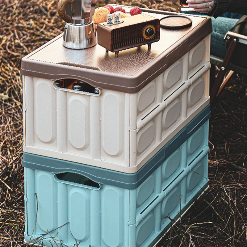 PB-55L Przenośna, składana skrzynka narzędziowa z drewnianą pokrywą i PP o dużej pojemności na sprzęt kempingowy, idealna na podróże i aktywności na świeżym powietrzu.