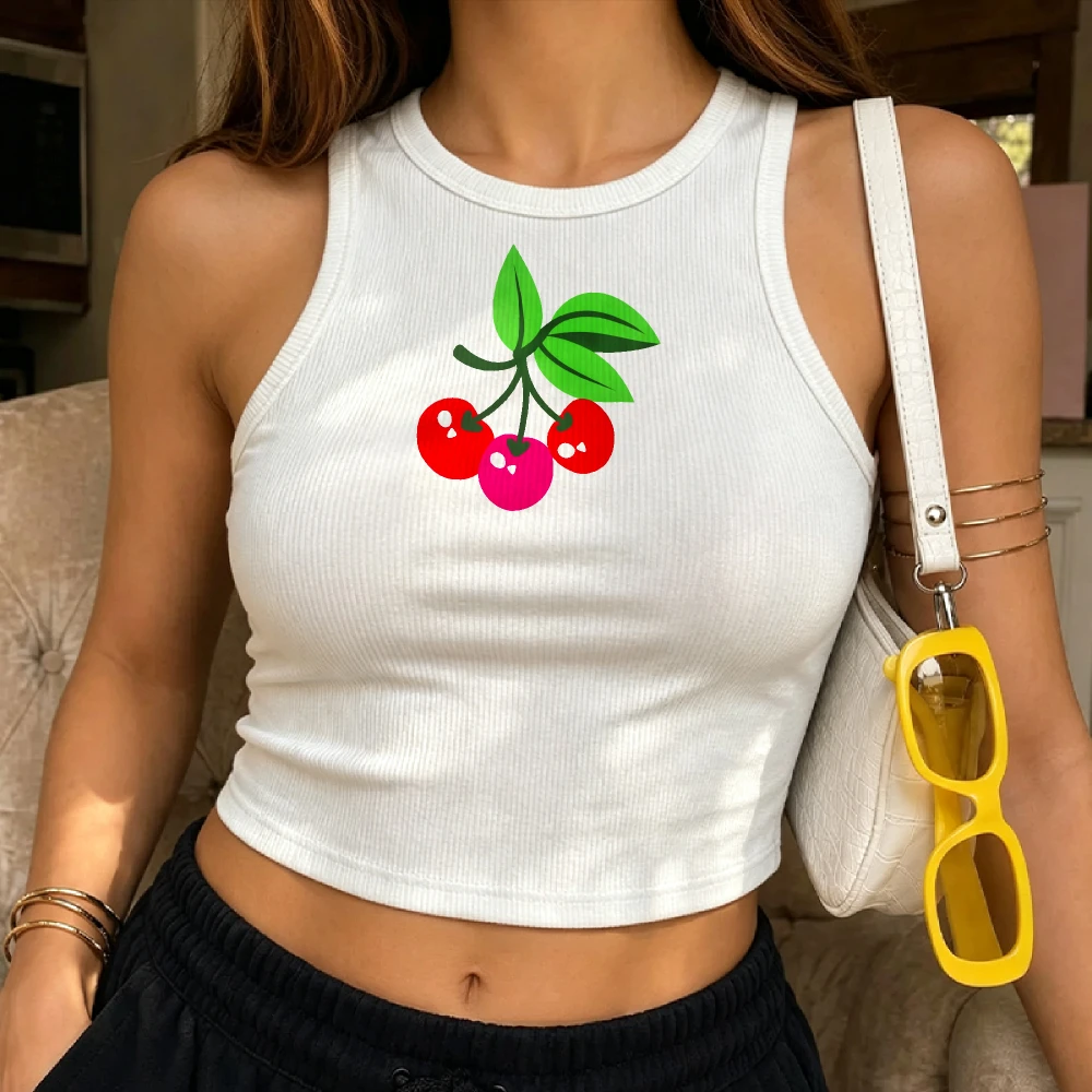 Harajuku Alt Style Skull Cherry Cartoon Women Black Ribbed Crop Tank Fun Fruit Skull Holiday Street Camiseta Mujer Y2k Tops Vest