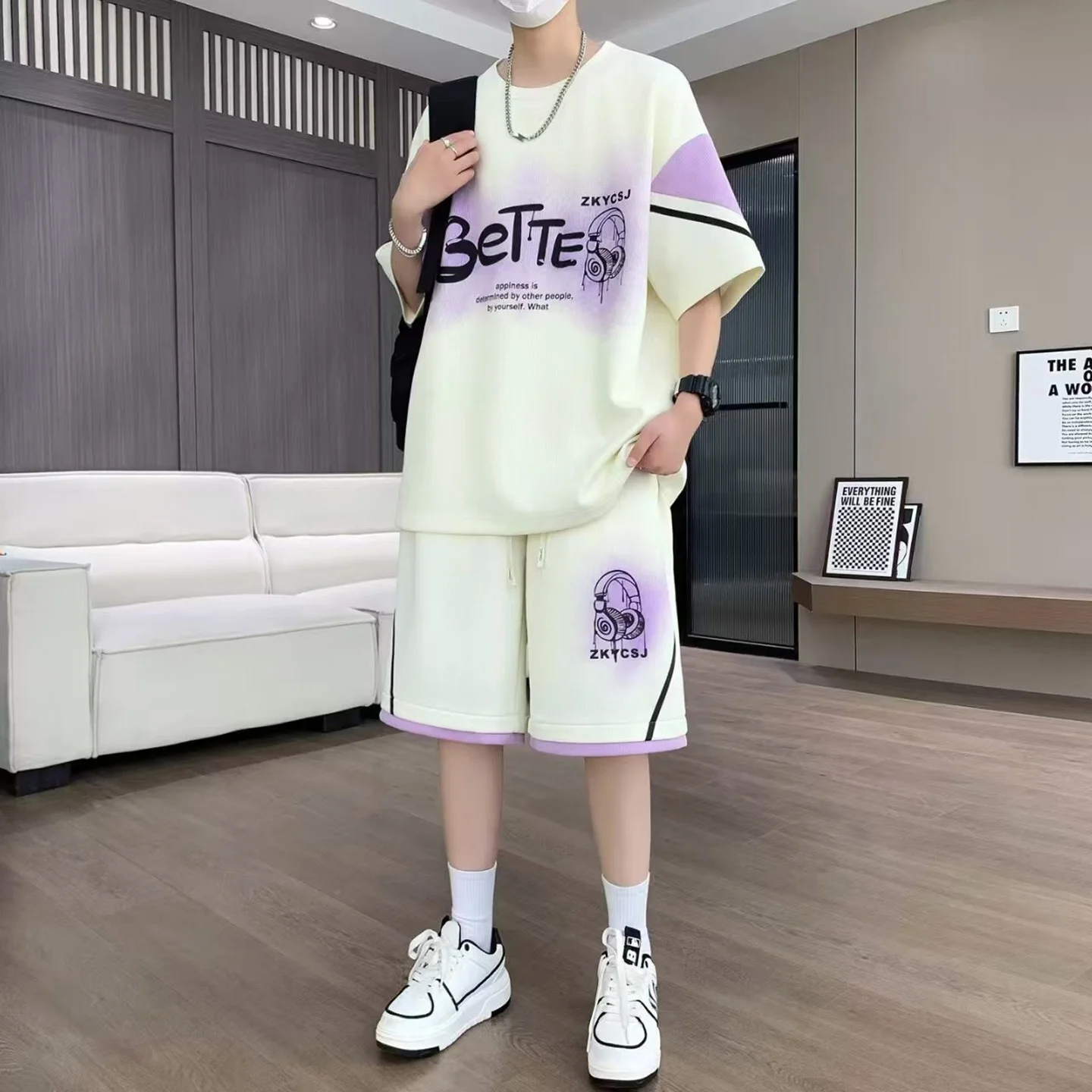 rongkun-men's-summer-short-sleeve-t-shirt-shorts-casual-sports-set-loose-breathable-two-piece-trendy-teenage-polyester