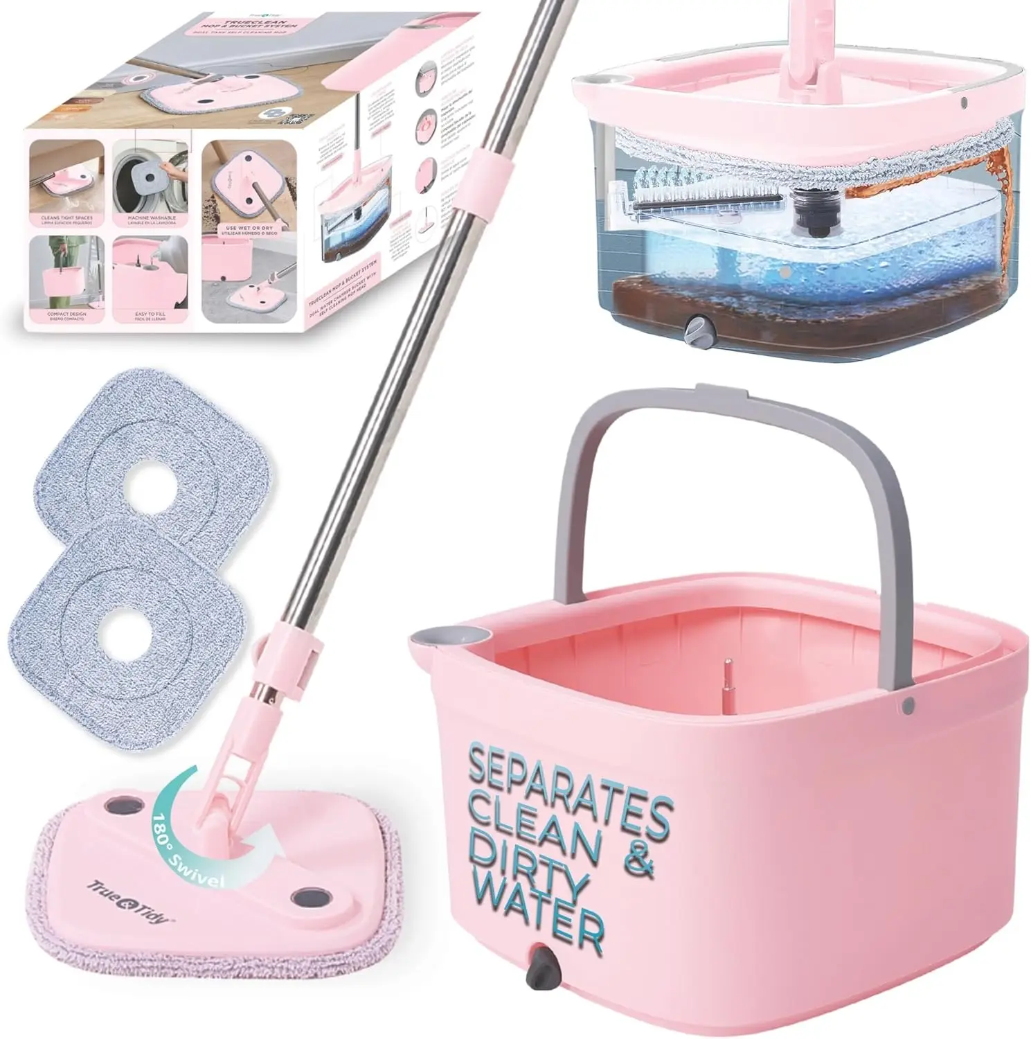 

Upgraded Spin Mop & Bucket Set with Side Brush, Self-Standing Handle, and Washable Pads for Easy Floor Cleaning