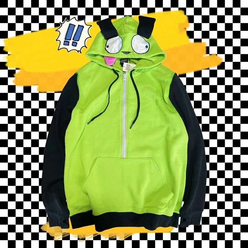 Anime Invader Cosplay Costume Coat Alien Zim Hoodies Jacket Hooded Zip Up Pullovers Sweatshirts With Ears Halloween CMM