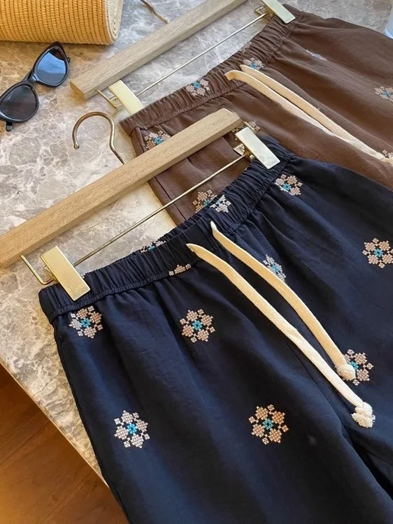 

Retro Embroidered Wide Leg Casual Pants Women's High Waist Linen Cotton Company Style Summer Fashion Ladies Pants
