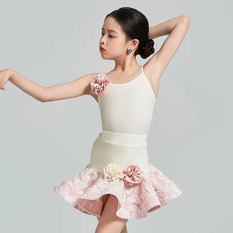 Children jacquard Professional Latin Dance Costume Girls Kids Sleeveless Flower Print Bodysuit Skirts Sets Competition Dancewear