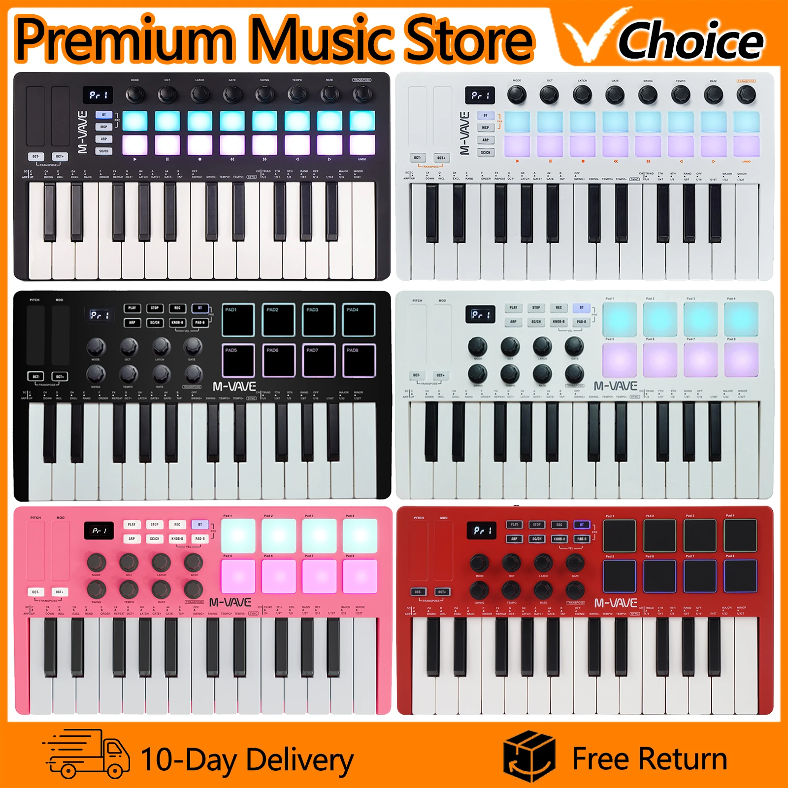 

M-VAVE SMK-Ⅱ 25-клавишный MIDI-контроллер с 16 RGB-пэдами, Bluetooth, полувзвешенная профессиональная динамическая клавиатура