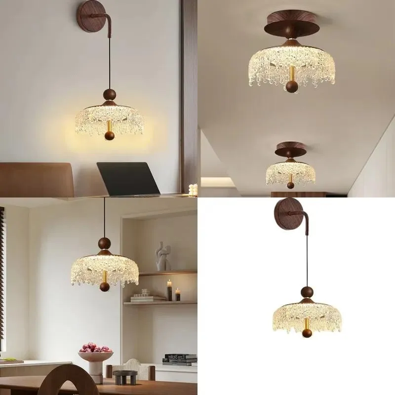 Wabi Sabi Retro Walnut Water Drop 3 Head Chandelier for French Medium Restaurant Bar