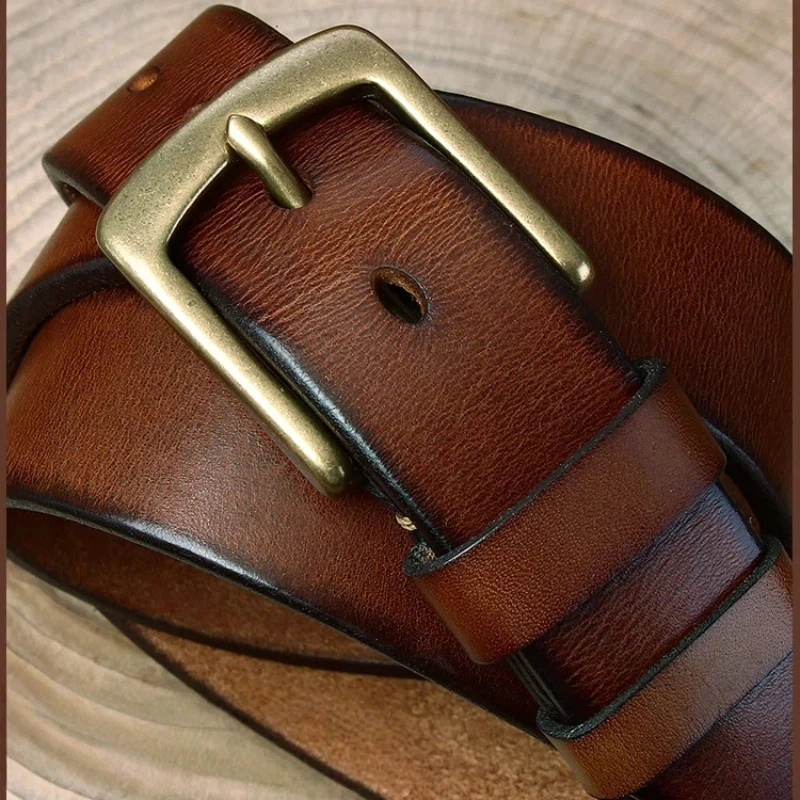 

Итальянский утолщенный ремень из воловьей кожи толщиной 5 мм, мужская пряжка из натуральной кожи, универсальный джинсовый ремень в стиле ретро из чистой меди