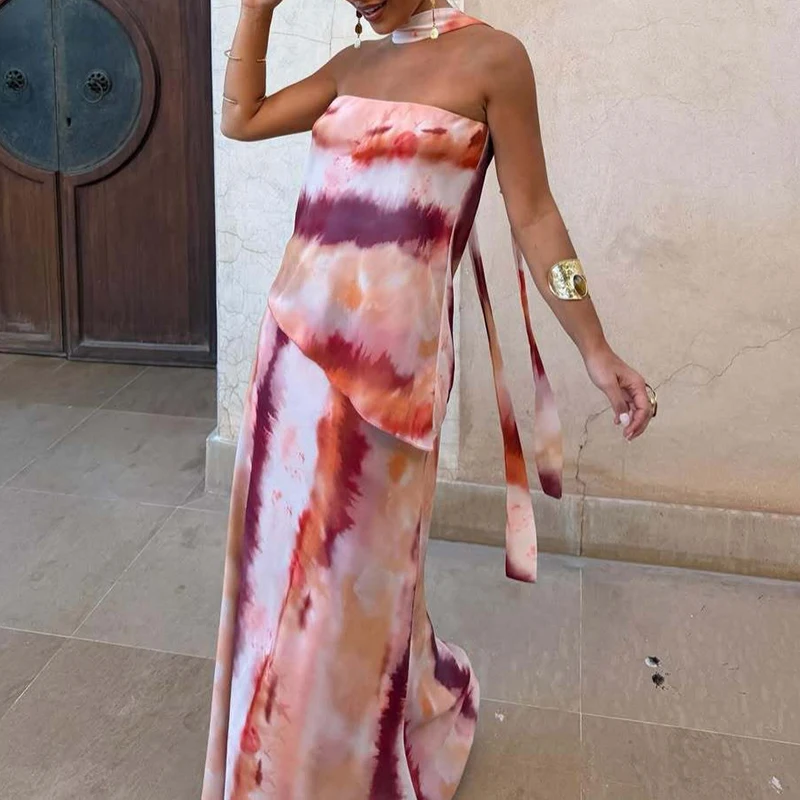 

2026 Summer Print Vacation Two Piece Sexy Strapless Hollow Top and Long Skirt Beach Set Women's Fashion Backless Cocktail Outfit