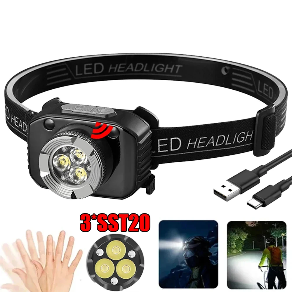 Super Bright Powerful 3 LED Sensor Headlamp Built-in Battery USB Rechargeable Strong Light Head Torch for Camping Fishing Lamp