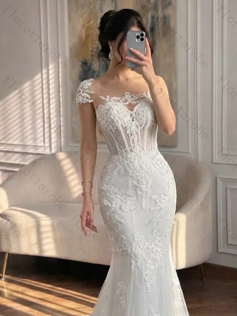 Customzied Elegant Cap Sleeve Lace Mermaid Wedding Dresses Modern Sweetheart Neckline Open Back Bridal Dress Custom Women Gowns
