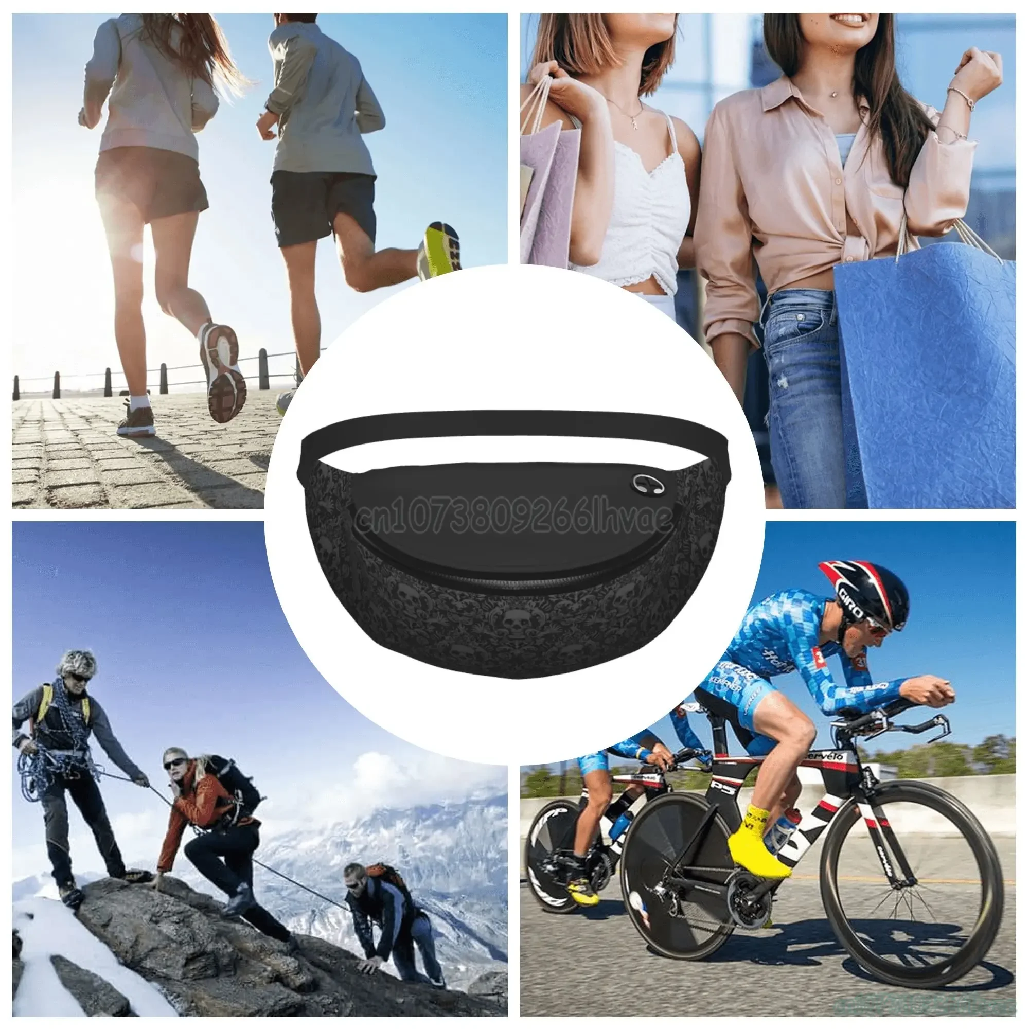 Gothic Black Fanny Pack para homens e mulheres, Bolsa de cintura com cinto, bolso ajustável Sling, Bolsa de ombro crossbody, Damasco crânio