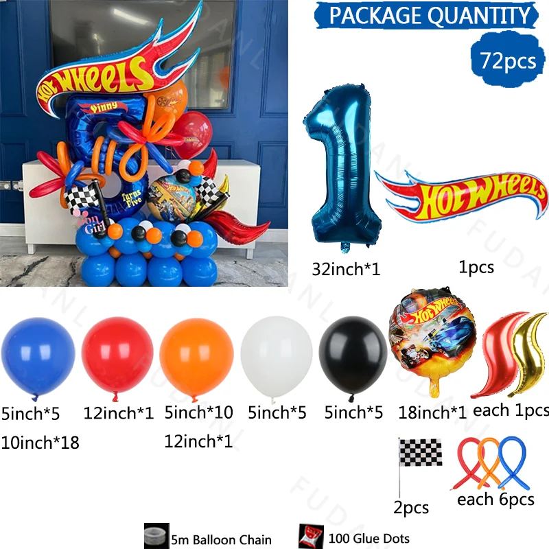 72pcs Hot Wheels Themed Birthday Party Balloon Decors Racing Ballon Set Flamme Cars Globos Boy Girls Baby Shower Decors Supplies