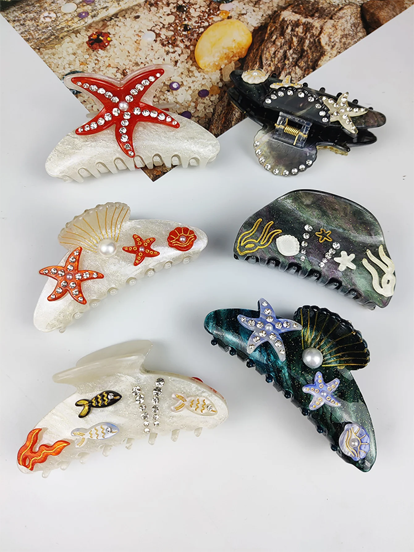 Sea Series Large Hair Claws Clip Diamond Starfish Conch Hair Clips Acetate Hair Accessories Handmade